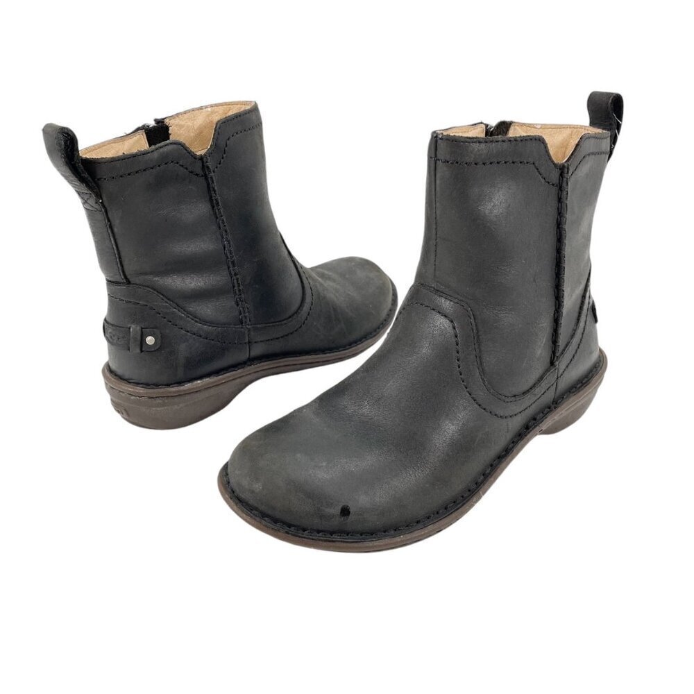 UGG Australia Neevah Black Leather Fur Lined Side Zip Ankle Boots Womens Size 6